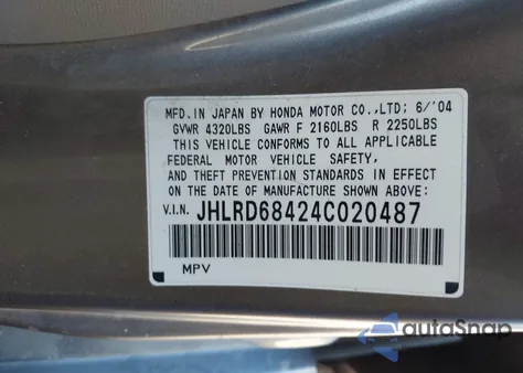 2004 Honda Cr-V Lx из США, поврежденный, VIN JHLRD68424C020487